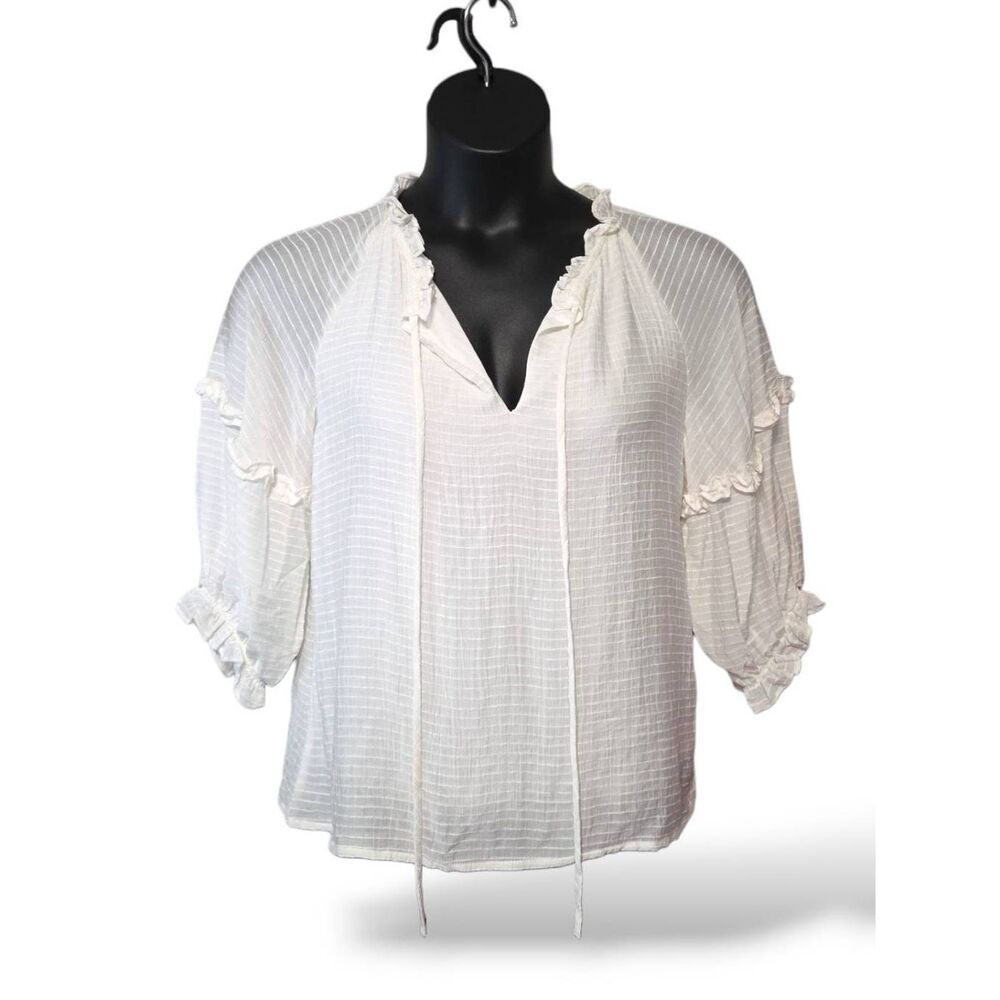 CeCe White Ruffle Tie Neck Peasant Blouse Size Large